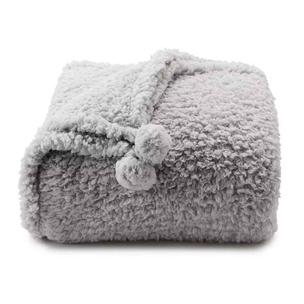 The Big One Kids Sherpa Pom Pom Throw blanket Gray new